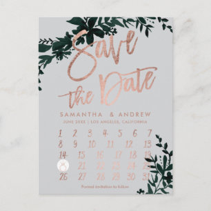 Carte Postale Faire-part Rose gold floral vert gris calendrier à retenir la
