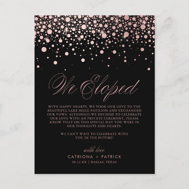 Carte Postale Faire-part Rose Gold Foil Confetti Black Mariage Elopement (Devant)