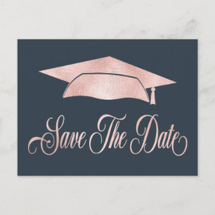 Carte Postale Faire-part Rose Gold Graduation Cap Enregistrer La Date Bleu