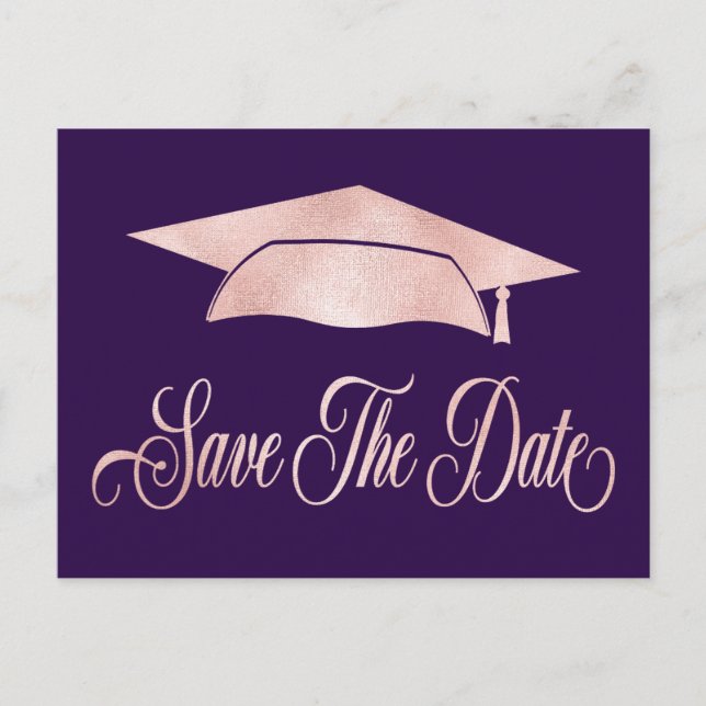 Carte Postale Faire-part Rose Gold Graduation Cap Enregistrer La Date Purpl (Devant)