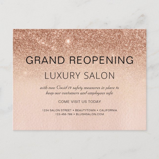 Carte Postale Faire-part Rose Gold Grand Réouverture Parties scintillant Sa (Devant)