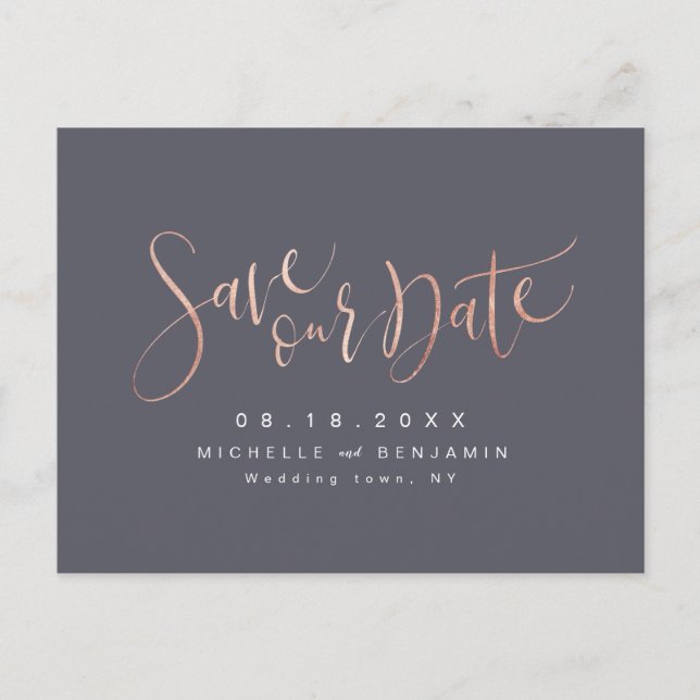 Carte Postale Faire-part Rose Gold Grey Moderne Simple Script Enregistrer L (Devant)