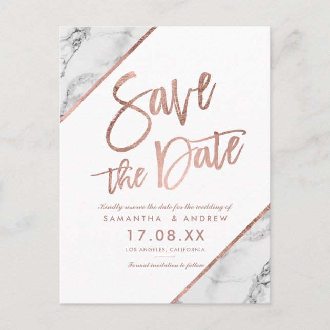 Carte Postale Faire-part Rose gold marbre écriture blanc save the date (Devant)