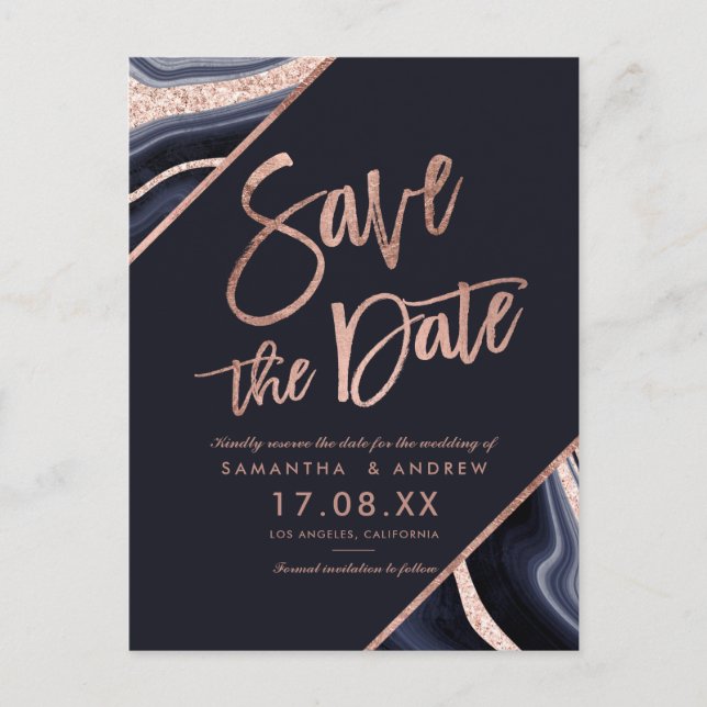 Carte Postale Faire-part Rose gold pailleté agate bleu marine save the date (Devant)