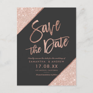 Carte Postale Faire-part Rose gold pailleté écriture gris foncé save the da