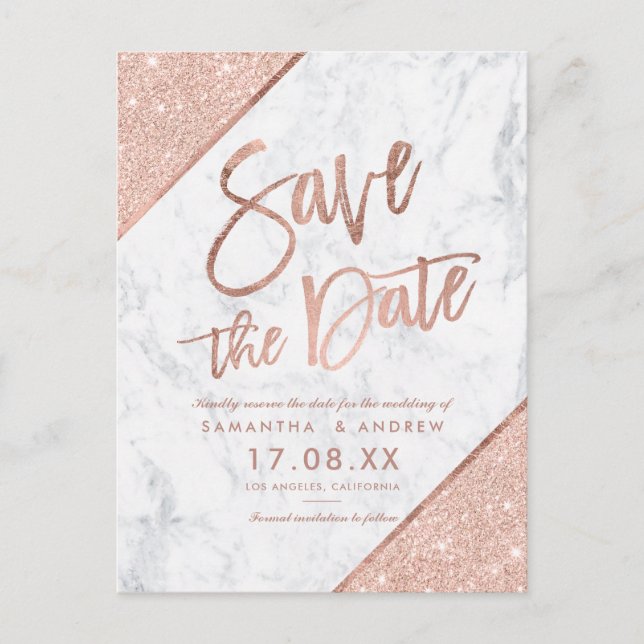 Carte Postale Faire-part Rose gold pailleté écriture marbrée save the date (Devant)