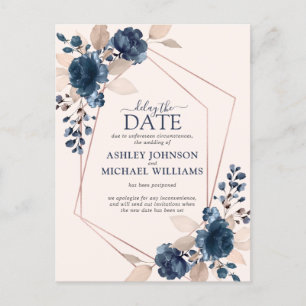 Carte Postale Faire-part Rose Gold Poussière Rose Navy Floral Report Des No