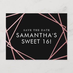 Carte Postale Faire-part Rose Gold Rose Black Sweet 16 Enregistrer la date