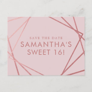 Carte Postale Faire-part Rose Gold Rose Géométrique Sweet 16 Enregistrez la
