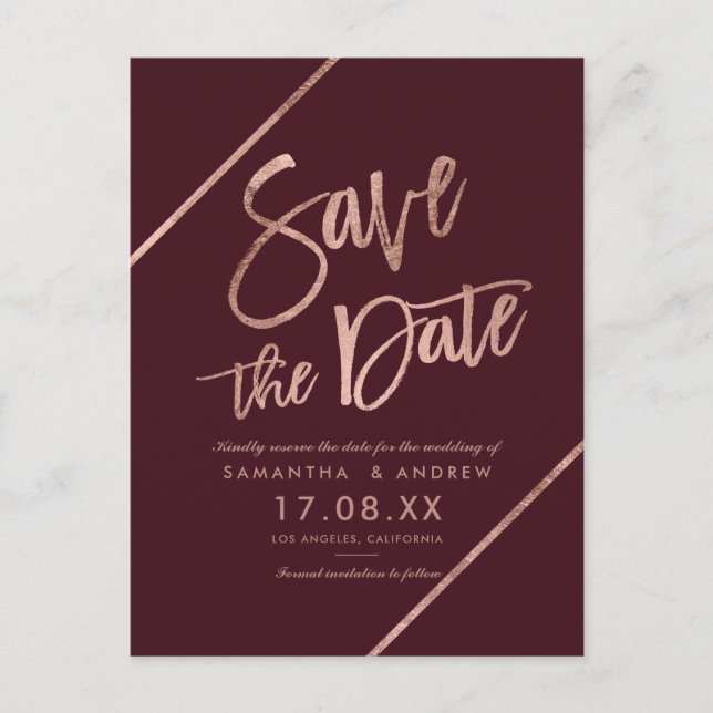 Carte Postale Faire-part Rose gold rouge burgundy  écriture  save the date (Devant)