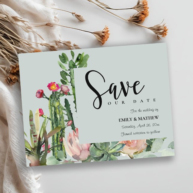 CARTE POSTALE FAIRE-PART ROSE GRIS DÉSERT FLORAL CACTI FAUNA SAUVER LA DATE (Créateur téléchargé)