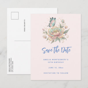 Carte Postale Faire-part Rose Magique et Papillon Couleurs Pastel