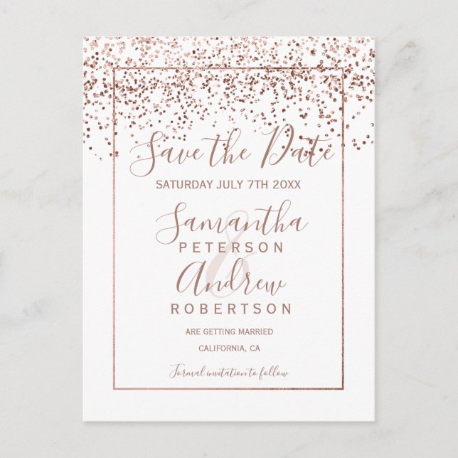 Carte Postale Faire-part Rose or confetti blanc script enregistrer la date (Devant)