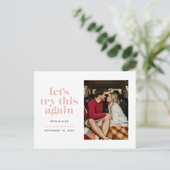 Carte Postale Faire-part Rose pâle Essayons de nouveau Changer la date (Debout devant)