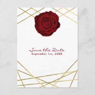 Carte Postale Faire-part Rose rouge et lignes dorées Élégante Fleur Save th