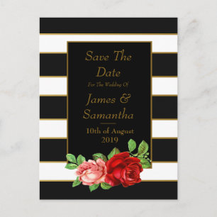 Carte Postale Faire-part Rose rouge, rayure noire, blanche et or -