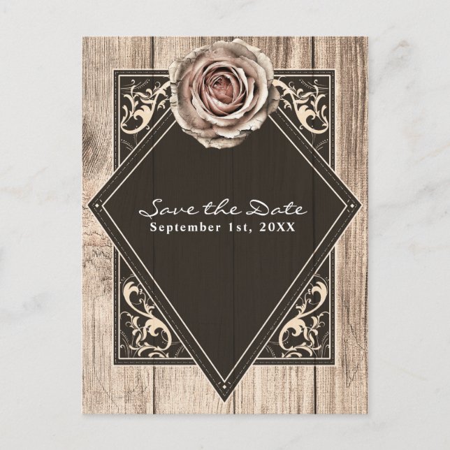 Carte Postale Faire-part Rose rustique Elegant Wood Diamond Enregistrer la  (Devant)