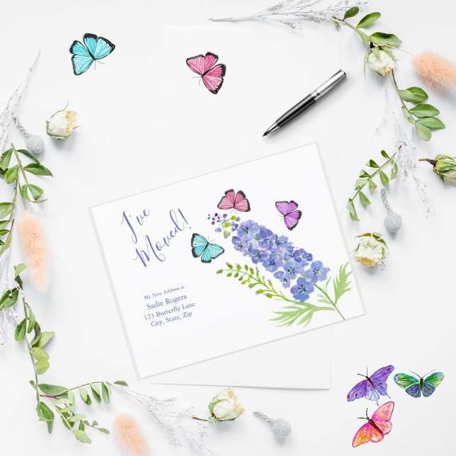 Carte Postale Faire-part Rose, Violet, Papillons Delphinium J'ai déménagé (Créateur téléchargé)