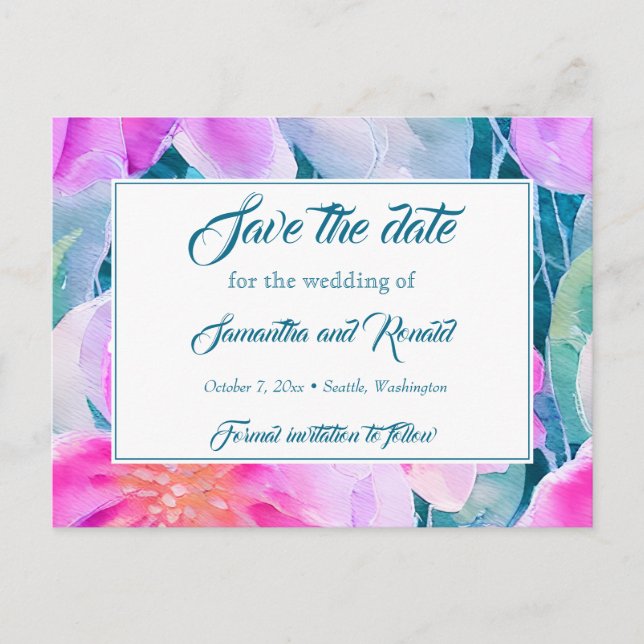 Carte Postale Faire-part Rose violet Turquoise Aquarelle Mariage Enregistre (Devant)