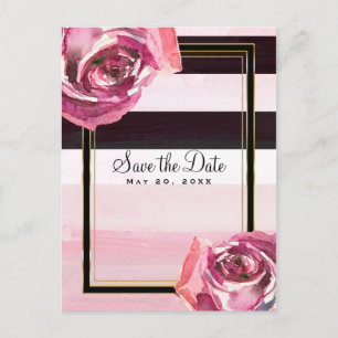 Carte Postale Faire-part Roses Aquarelle Rose Enregistrer la Date Noir Blan