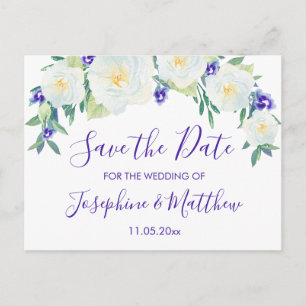 Carte Postale Faire-part Roses Blanches & Violettes Enregistrez la Date