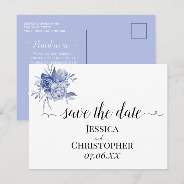 Carte Postale Faire-part roses bleues poussiéreuses rustiques et autres fle (Devant / Derrière)