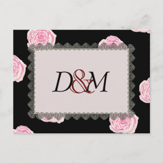 Carte Postale Faire-part Roses de chou rose et Mariage de dentelle noire