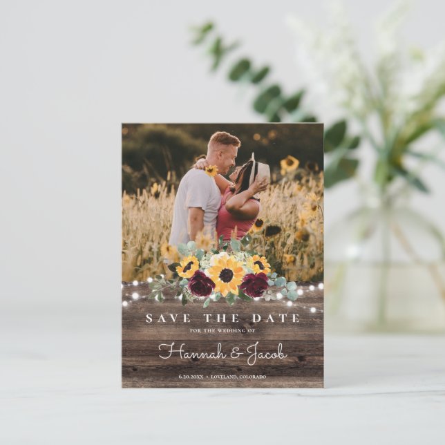 Carte Postale Faire-part Roses de tournesol Photo Wood Enregistrer la date  (Debout devant)
