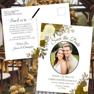 Carte Postale Faire-part Roses dorées élégantes et photo de mariage "Save t
