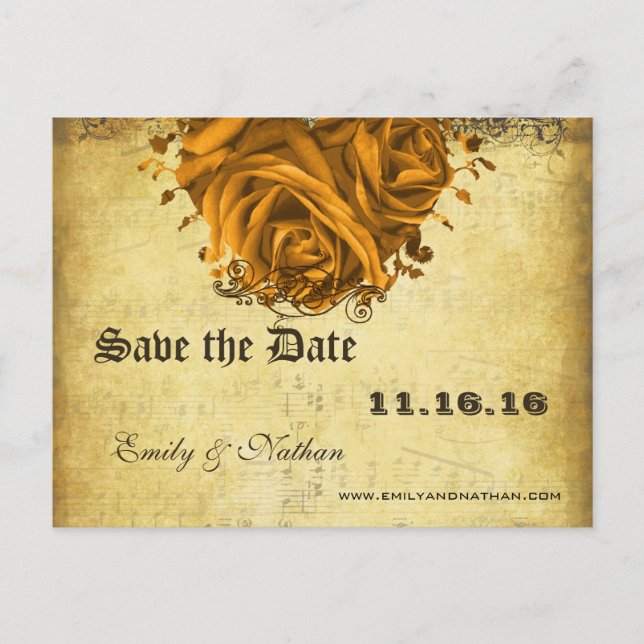 Carte Postale Faire-part Roses et papillons Gold Heart Enregistrer la date (Devant)