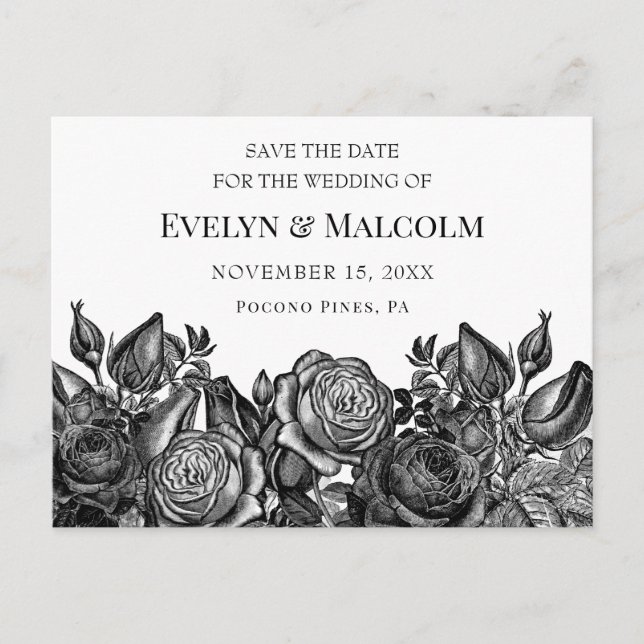 Carte Postale Faire-part Roses noires sur blanc STD Save the Date (Devant)