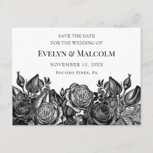 Carte Postale Faire-part Roses noirs en blanc Enregistrer la date STD