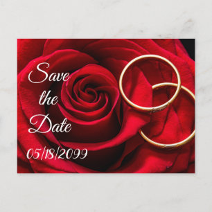 Carte Postale Faire-part Roses rouges avec anneaux de mariage, enregistrer 