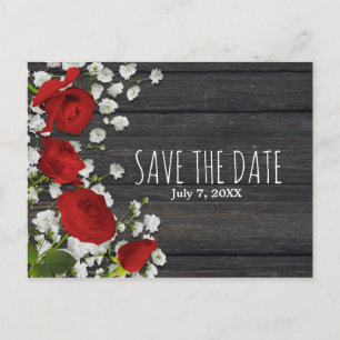 Carte Postale Faire-part Roses rouges & Bébé's Breath on Wood Save The Date
