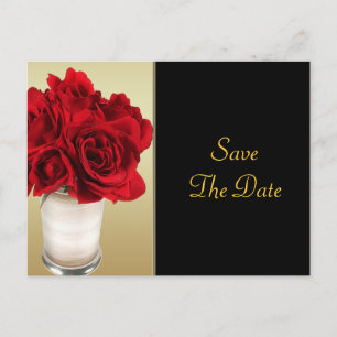 Carte Postale Faire-part Roses rouges & coeurs, mariage or et noir