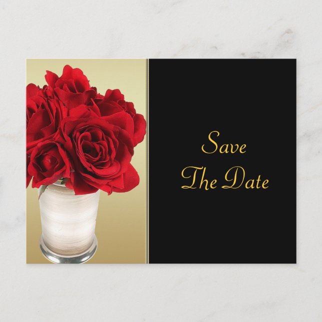 Carte Postale Faire-part Roses rouges & coeurs, or & mariage noir (Devant)