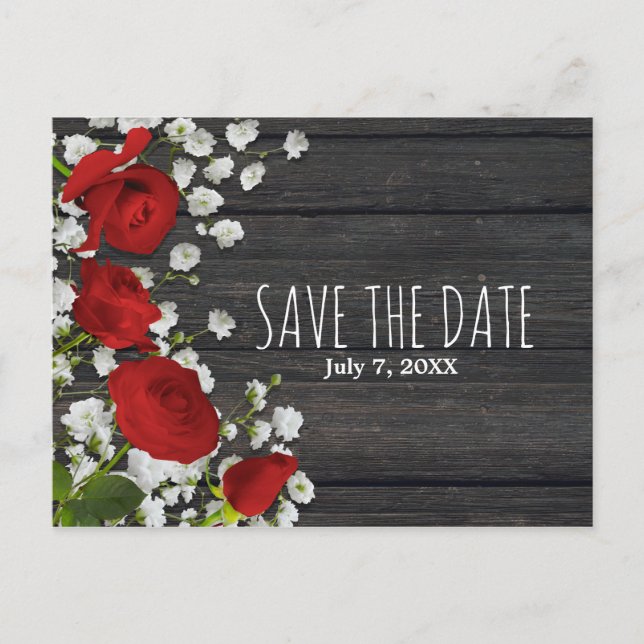 Carte Postale Faire-part Roses Rouges & Gypsophile sur Bois Save The Date (Devant)