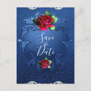 Carte Postale Faire-part Roses rouges ornementales Vintages bleues Enregist
