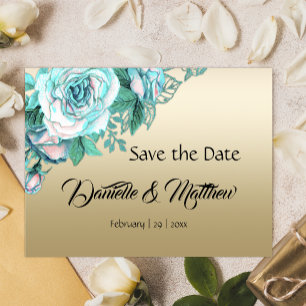 Carte Postale Faire-part Roses turquoises lors d'un mariage d'or Enregistre