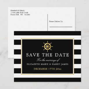 Carte Postale Faire-part Roue de Nautical Gold, Enregistrer la date noire e