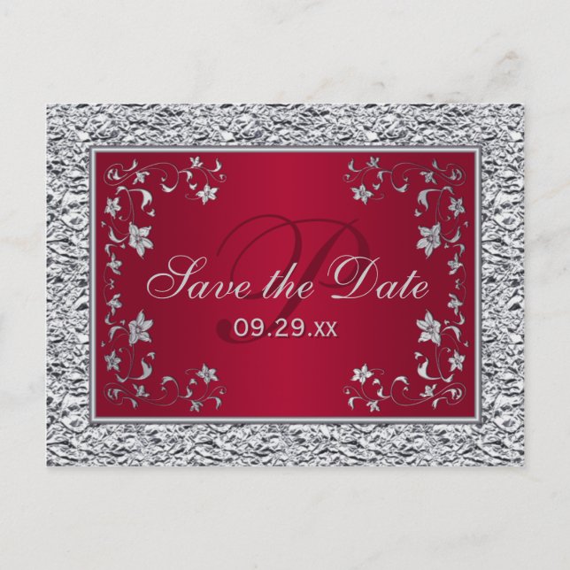 Carte Postale Faire-part Rouge, Argent FAUX FOIL Floral Enregistrer la cart (Devant)