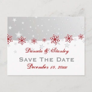 Carte Postale Faire-part Rouge argent gris flocon de neige mariage Enregist