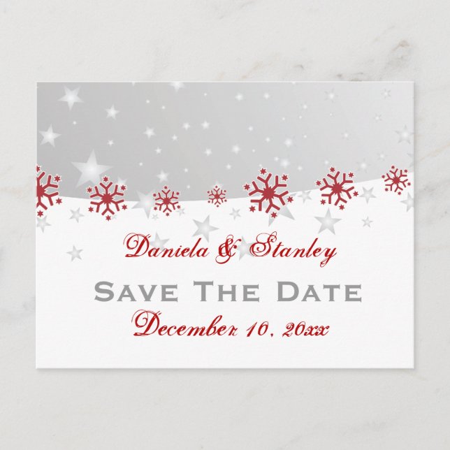 Carte Postale Faire-part Rouge argent gris flocon de neige mariage Enregist (Devant)
