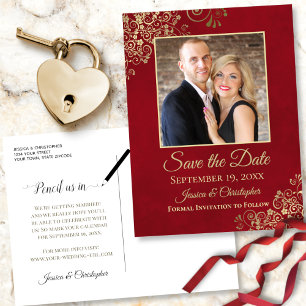 Carte Postale Faire-part Rouge avec Gold Frills Photo Enregistrer la date M