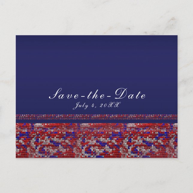 Carte Postale Faire-part Rouge Blanc & Bleu Paillettes Sequins Fête du 4 Ju (Devant)