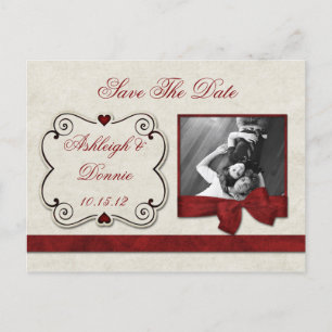 Carte Postale Faire-part Rouge coeurs parchemin ruban photo enregistrer la 