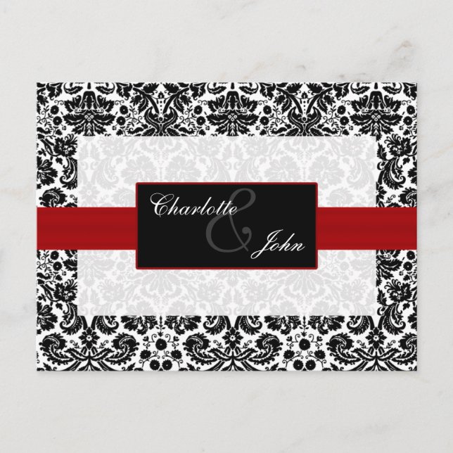 Carte Postale Faire-part rouge damas, noir et blanc  Save the Date (Devant)