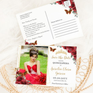 Carte Postale Faire-part Rouge Floral or géométrique Quinceañera Photograph