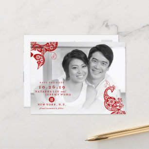 Carte Postale Faire-part Rouge Floral Peacock Photo Chinois Enregistrer La