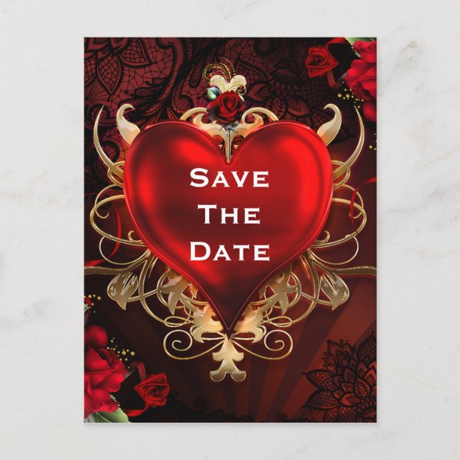 Carte Postale Faire-part Rouge & Or Cœur d'Amour Gothique Mariage Save the  (Devant)